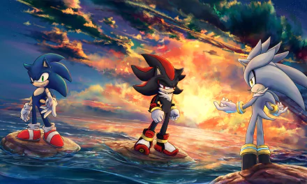 HD PC desktop wallpaper: Sonic the Hedgehog (2006) — Sonic, Shadow the Hedgehog and Silver the Hedgehog stand on water and rocks under a dramatic sunset sky; cinematic video game background.