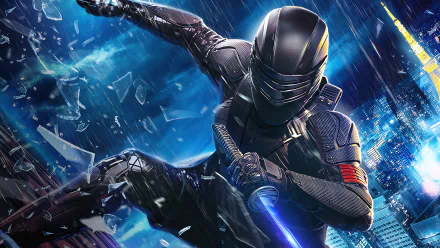 Snake Eyes (movie Snake Eyes: G.I. Joe Origins) in black armor, leaping through rain and broken glass with a glowing blue katana over a neon city — 4K Ultra HD PC wallpaper background.