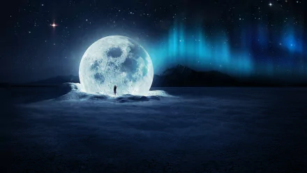A surreal HD PC desktop wallpaper depicting a night landscape with a glowing full moon, vibrant aurora borealis, and a small silhouette standing in the foreground.