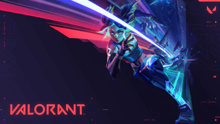 Neon from Valorant in dynamic action pose with vibrant neon lights, featured in a 4K Ultra HD video game desktop wallpaper.