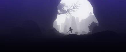 HD PC desktop wallpaper featuring a silhouette of Keqing from Genshin Impact against a misty, rocky landscape, capturing the game's atmospheric and adventurous vibe.