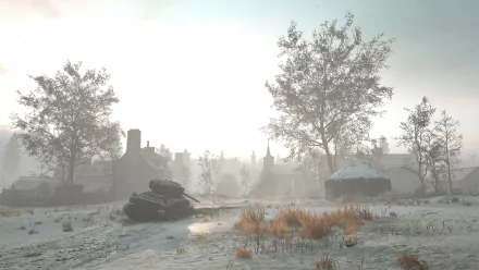 HD desktop wallpaper featuring a snowy scene from Hell Let Loose with a tank and winter trees.