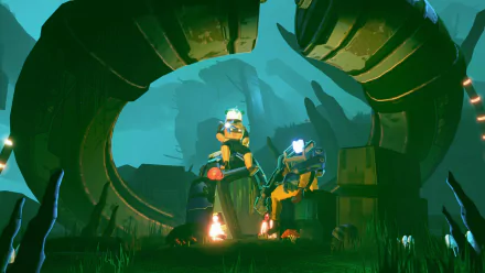 HD desktop wallpaper from *Risk of Rain 2*, featuring two characters sitting by a fire within a large circular structure, surrounded by a mysterious, green-tinted landscape.
