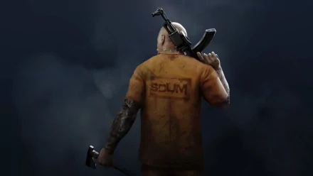 HD wallpaper of a character from SCUM game holding a gun, showing off tattooed arms and the SCUM logo on the back of a dirty shirt.