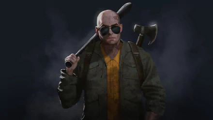 HD desktop wallpaper featuring a SCUM character with a bald head, sunglasses, and carrying axes on a dark, moody background.