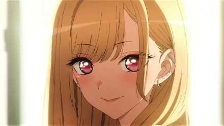 HD anime desktop wallpaper featuring Marin Kitagawa from My Dress-Up Darling with sparkling eyes and a warm smile in soft golden light.