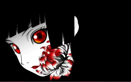A striking HD desktop wallpaper featuring Hell Girl from Jigoku Shōjo, with her iconic red eyes and floral tattoo against a dark background.