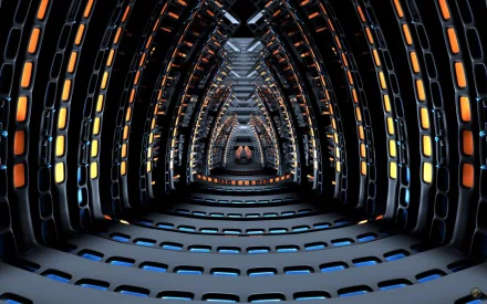 A futuristic, dark CGI depiction of a 3D abstract tunnel, featuring sleek black surfaces and illuminated panels in vibrant colors, creating an immersive visual experience.