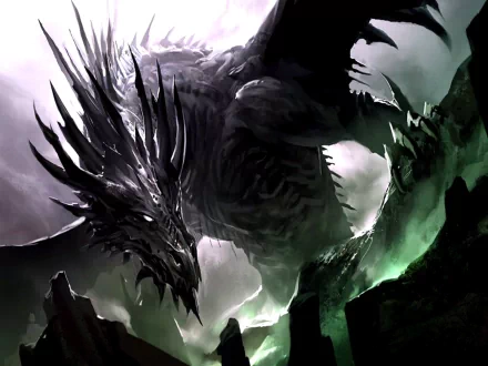 HD fantasy wallpaper featuring a menacing black dragon with sharp, spiky scales, set against a dark, mystical background with green glowing elements.