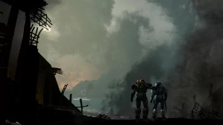 Jorge-052 and a fellow Spartan stand amid wreckage under stormy skies — Halo: Reach video game HD PC desktop wallpaper/background.