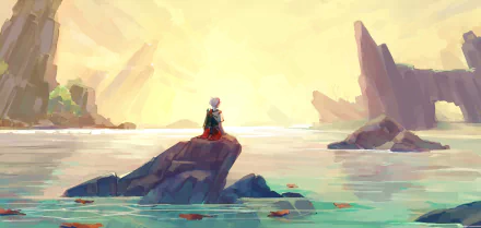 HD desktop wallpaper featuring Kaedehara Kazuha from the video game Genshin Impact, sitting on a rock with a serene background of water and mountains at sunset.