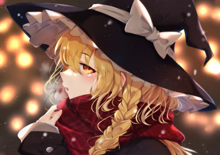 Marisa Kirisame (Touhou) anime portrait with braided blonde hair, witch hat and red scarf against warm bokeh lights — 4K Ultra HD PC desktop wallpaper/background
