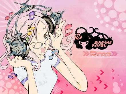 Anime Air Gear HD PC desktop wallpaper: pink background with a cheerful girl in headphones and glasses, scattered hearts and the Sleeping Forest / Ringo logo.