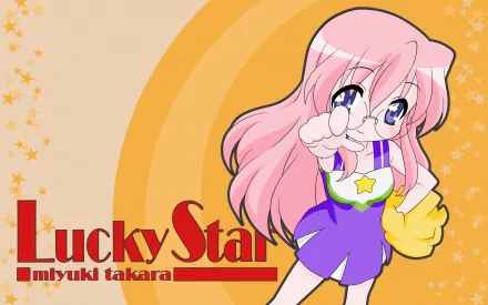 HD PC desktop wallpaper of Lucky Star's Miyuki Takara: pink‑haired girl in a purple sailor outfit pointing forward, yellow starry background with the Lucky Star logo.