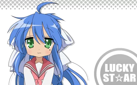 HD anime desktop wallpaper featuring Konata Izumi from Lucky Star with her signature blue hair and green eyes in her school uniform.