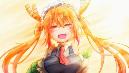 HD PC desktop wallpaper of Tohru (Miss Kobayashi's Dragon Maid), anime-style: joyful dragon-maid in her maid outfit with horns, flowing golden hair and warm, glowing background.