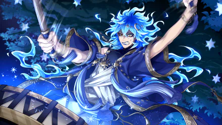 HD PC desktop wallpaper of Idia Shroud from the video game Twisted Wonderland, blue-haired and drumming amid swirling blue flames and starry magical effects.