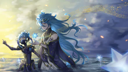 Idia Shroud from the video game Twisted Wonderland in a 2K Quad HD PC desktop wallpaper: flowing teal hair, starry water reflections and a small doll beneath a twilight sky.