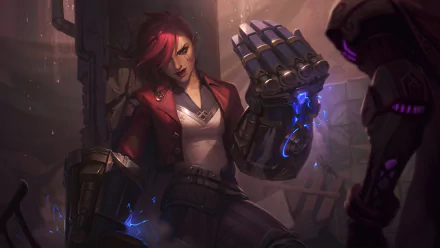 High-detail 8K Ultra HD wallpaper of Vi from League of Legends, inspired by the Arcane TV show, showcasing her powerful mechanical gauntlets in a dark, atmospheric setting.