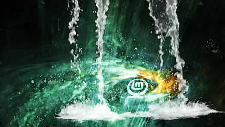 HD PC desktop wallpaper: Linux technology — a Linux Mint logo swirling in a green watery vortex with cascading waterfalls and glowing particle effects.