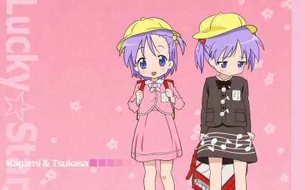 HD PC desktop wallpaper featuring Kagami and Tsukasa Hiiragi from the anime Lucky Star, set against a pink background with subtle star and flower patterns.