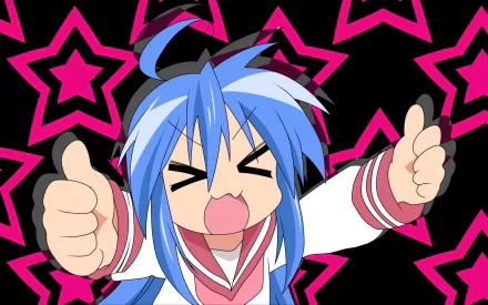HD PC desktop wallpaper of Konata Izumi from the anime Lucky Star — blue‑haired chibi character giving enthusiastic double thumbs‑up against a pink star pattern background.