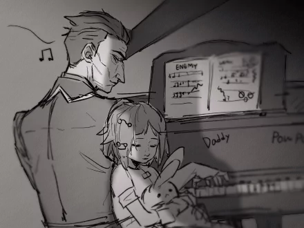 Black-and-white sketch from Arcane TV show featuring Silco playing piano while young Jinx holds a stuffed bunny, captured as an HD League of Legends desktop wallpaper.
