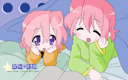 HD desktop wallpaper of Lucky Star characters Yukari Takara and Miyuki Takara snuggled under a blanket; pink-haired, purple-eyed, one shy-eyed and one smiling with eyes closed.