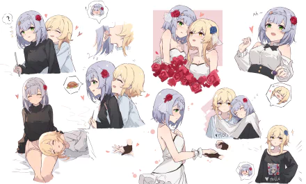 4K Ultra HD Genshin Impact wallpaper featuring fan art of Lumine and Noelle in various poses and outfits, capturing playful and tender moments from the game.