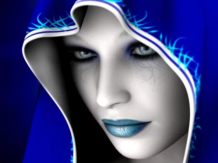 HD desktop wallpaper featuring a fantasy woman with blue eyeshadow and lipstick, wearing a hooded cloak with blue and white designs.