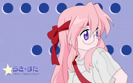 Miyuki Takara (Anime, Lucky Star) — pink‑haired, glasses‑wearing girl with a red bow against a blue polka‑dot backdrop; HD PC desktop wallpaper background.
