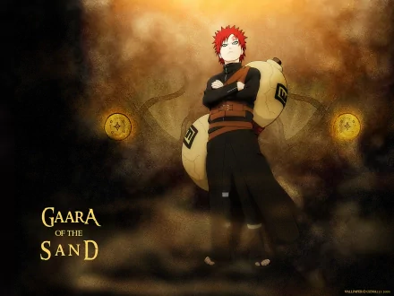 HD desktop wallpaper featuring Gaara from Naruto standing with arms crossed, surrounded by a sandy aura with the text Gaara of the Sand on the left.