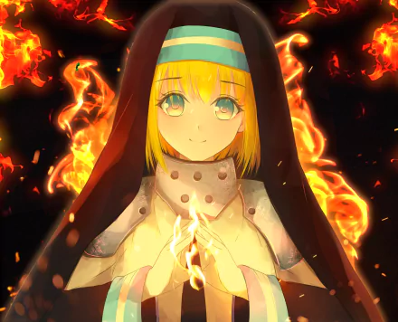 HD anime desktop wallpaper featuring Iris from Fire Force, surrounded by vibrant flames, blending fiery elements with her calm and serene expression.
