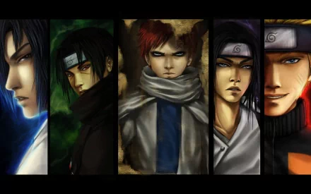 HD desktop wallpaper featuring Sasuke Uchiha, Itachi Uchiha, Gaara, Neji Hyūga, and Naruto Uzumaki from the anime Naruto, showcasing the characters in a vertical split design.