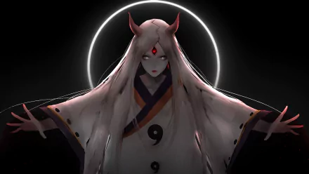 HD PC desktop wallpaper of Kaguya Ōtsutsuki (Naruto anime): pale, horned figure with long white hair, a red third eye, outstretched arms and yin-yang robe, halo glowing against a dark background.