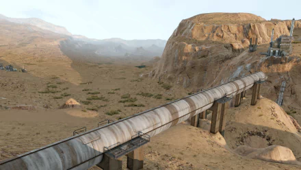HD desktop wallpaper of a space engineers' concept with a futuristic pipeline extending through a barren, desert-like landscape.