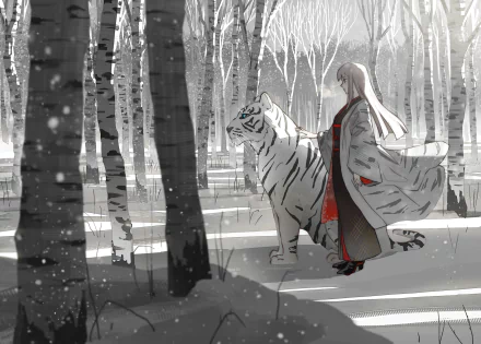 Anime-style HD desktop wallpaper featuring a girl in traditional clothing standing beside a white tiger in a snowy birch forest.