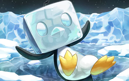 HD PC desktop anime wallpaper of Eiscue from Pokémon Sword and Shield sliding on an icy ocean with a cube-ice head, blue icebergs and a starry night sky.