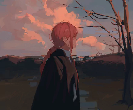 HD desktop wallpaper featuring Makima from Chainsaw Man, depicted at dusk with a serene backdrop of pink clouds and bare trees.