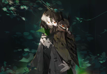 HD PC desktop wallpaper of Silence (Arknights): hooded figure cradling a large owl amid green foliage and dappled light, atmospheric video game background.