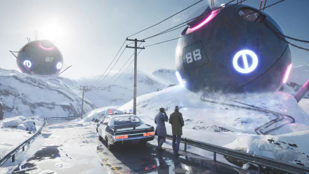 4K Ultra HD PC desktop wallpaper and background — futuristic Sci Fi scene: snowbound road with glowing hovering spherical structures, a stopped police cruiser and two figures beneath power lines.