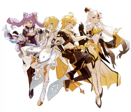 4K Ultra HD PC desktop wallpaper: stylized portrait of Genshin Impact characters Ningguang, Lumine, Aether, and Keqing posing together.