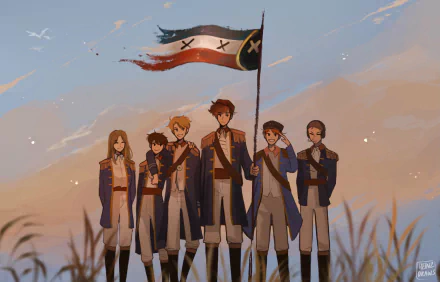 HD PC desktop wallpaper featuring illustrated versions of Dream SMP members Wilbur Soot, Tubbo, TommyInnit, Nihachu, Jack Manifold, and Fundy standing united with a flag.