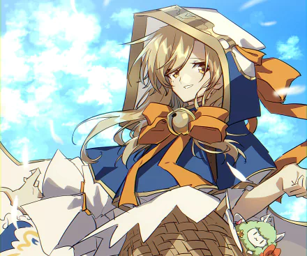 HD PC desktop wallpaper featuring Bari from the video game Guardian Tales, showcasing her in a vibrant, detailed anime-style illustration against a bright sky background.