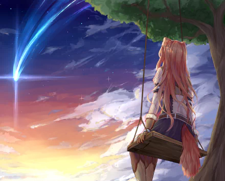 Raphtalia from The Rising of the Shield Hero sits on a tree swing, gazing at a vibrant anime sunset with shooting stars in an 8K Ultra HD desktop wallpaper.