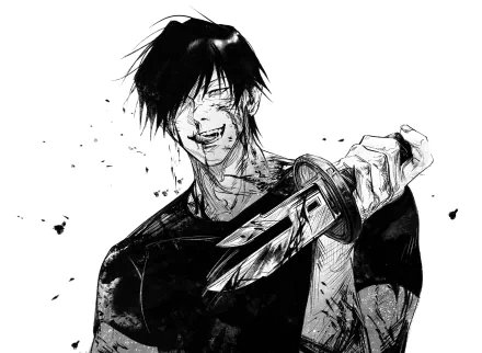 HD PC desktop wallpaper featuring Toji Fushiguro from the anime Jujutsu Kaisen, depicted in a dynamic black and white illustration holding a bloodied knife.