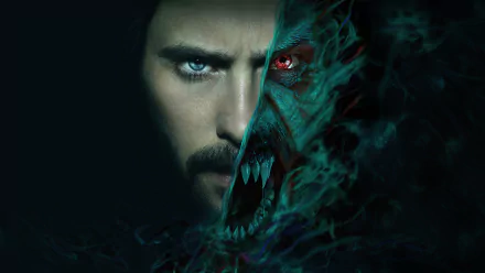 Close-up 8K Ultra HD wallpaper of Jared Leto as Morbius, featuring a split face with half human and half monstrous vampire transformation.