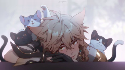 HD PC desktop wallpaper featuring Aether from Genshin Impact surrounded by playful cats, blending video game art with a soft, cozy atmosphere.
