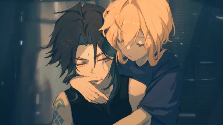 4K Ultra HD PC desktop wallpaper featuring Lumine and Xiao from the video game Genshin Impact in a close, contemplative moment.