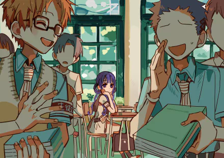 HD anime desktop wallpaper featuring Aoi Akane from Toilet-bound Hanako-kun, surrounded by classmates in a sunlit classroom setting.